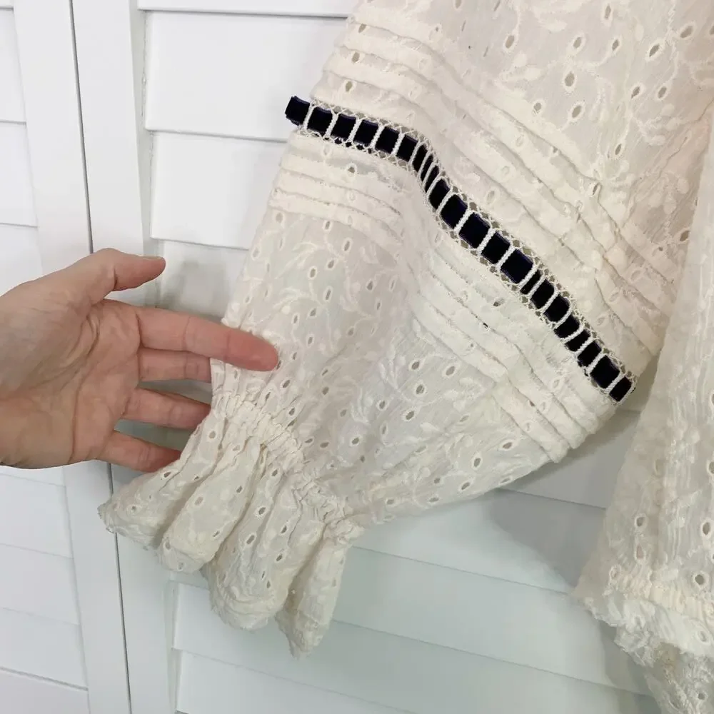 Free People Darcy Eyelet Blouse Top XS 100% Cotton Ladder Trim Puff Sleeve Ivory